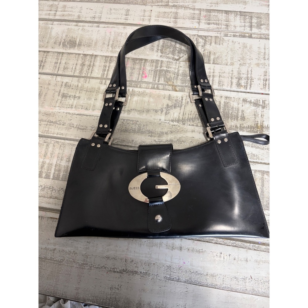 Guess Black Patent Leather Shoulder Bag Large G Logo Buckle Top Zip Closure